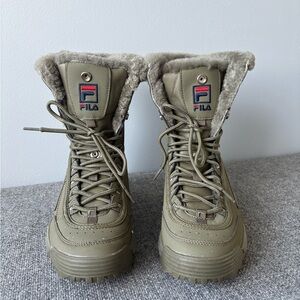 Fila Khaki High-Top Boots with Fur Lining